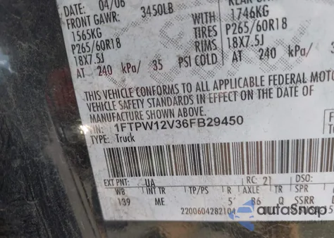 2006 Ford F-150 Lariat/Xlt from USA, damaged, VIN 1FTPW12V36FB29450